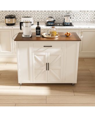 Rolling Kitchen Island with Storage & Power Outlet - Rustic Breakfast Bar Table