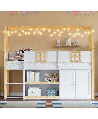 loft bed with Step Staircase, Shelving, Cabinets & LED lights