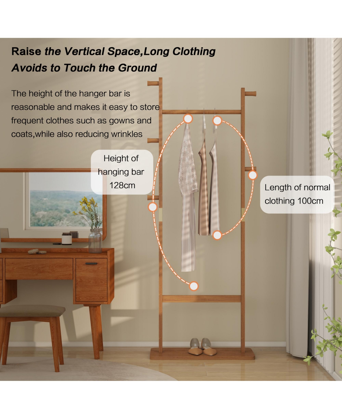 Rainsken Solid Wood Coat Rack, Freestanding Clothes Organizer with Hanging Rod, Hooks, Storage Stand for Coats and Bags, Perfect for Entryway