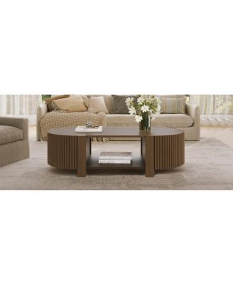  Oval Fluted Coffee Table with Storage, Rubber Solid Wood, Walnut, 47