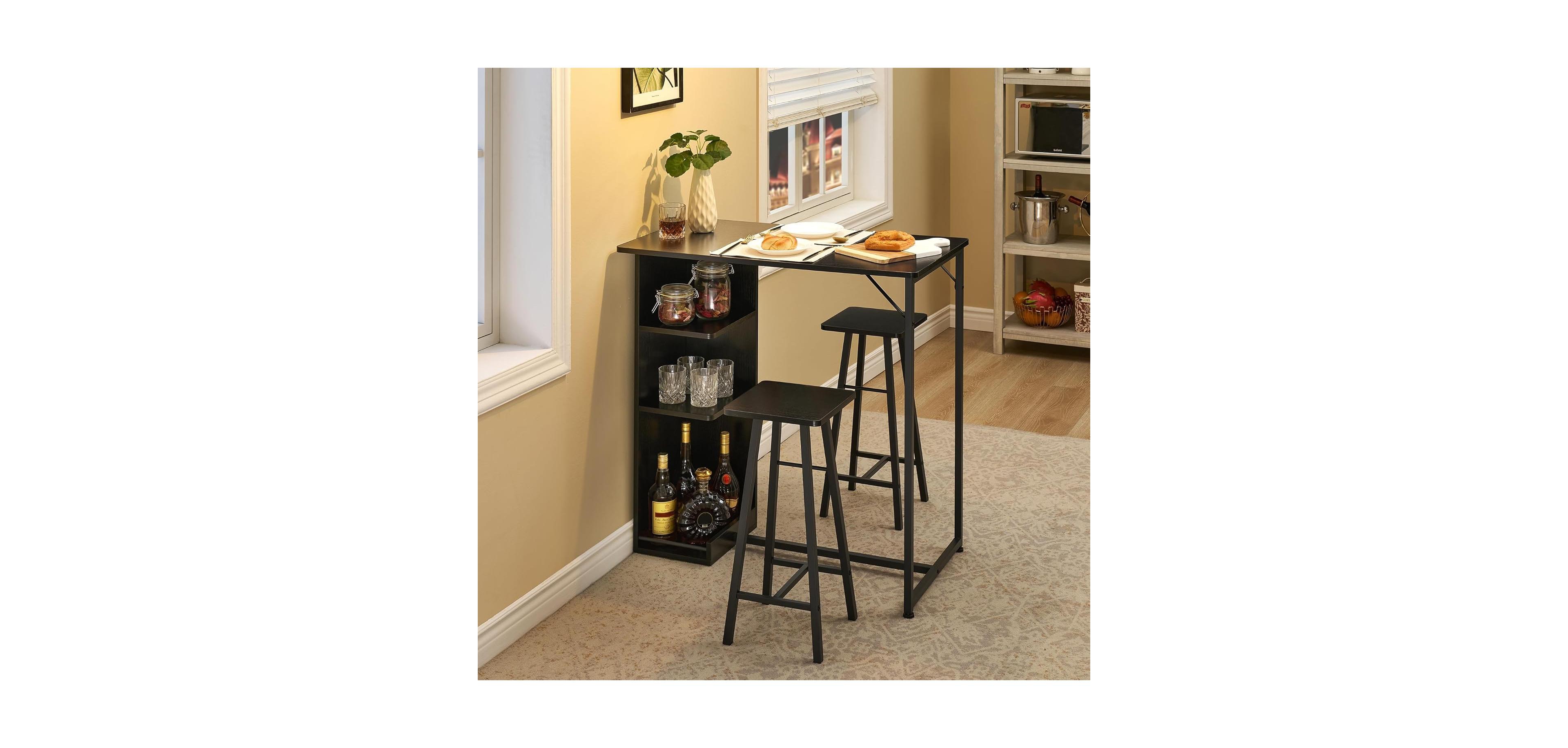 gaomon Small Bar Table and Chairs Set for 2 3-Piece Bar Table Set with 3 Tier Storage Shelves Space Saving Table for Small Apartment Dining Room