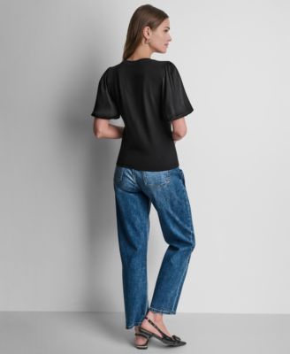 Women's Puffed Crew Neck Mix Media Knit Top