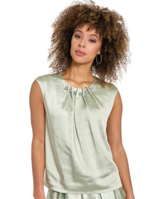 Women's Tucked Beaded Neckline Sleeveless Top