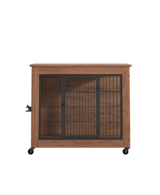 32.5" Dog Crate Furniture End Table with Wheels, 2-Door Heavy Duty Kennel for Small Dogs