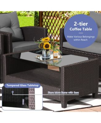 Set Of 4 Patio Rattan Furniture Set Glass Table Shelf Sofa Cushion