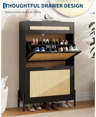 Rattan Shoe Cabinet Storage with 2 Flip Drawers & Top Drawer, Freestanding Shoe Organizer Wooden Slim Shoe Rack Storage with Adjustable Shelves