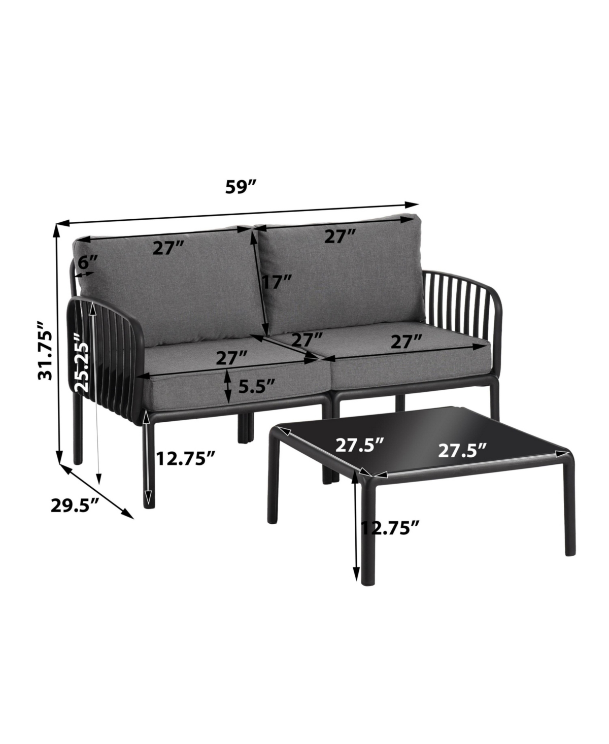 Flynama 3 Piece Modern Outdoor Patio Sectional Conversation Set with Square Coffee Table Waterproof Thick Cushions Black Dark Gray for Porch Balcony