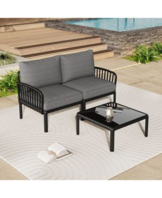 3 Piece Modern Outdoor Patio Sectional Conversation Set with Square Coffee Table Waterproof Thick Cushions Black Dark Gray for Porch Balcony
