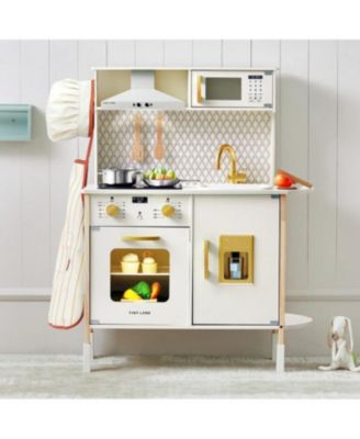 PopJoy Play Kitchen for Kids, Wooden Kitchen Playset Chef Pretend Play Set for Toddlers with Real Lights & Sounds