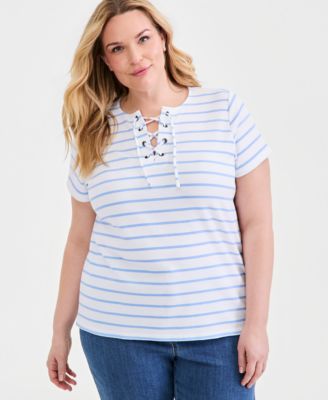 Style & Co Plus Size Striped Lace-Up Short-Sleeve Top