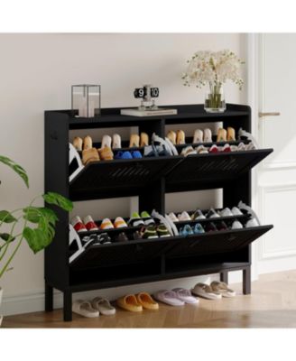 Shoe Cabinet with 4 Flip Drawers, Wooden Organizer with Hollow Panels & Black Handles