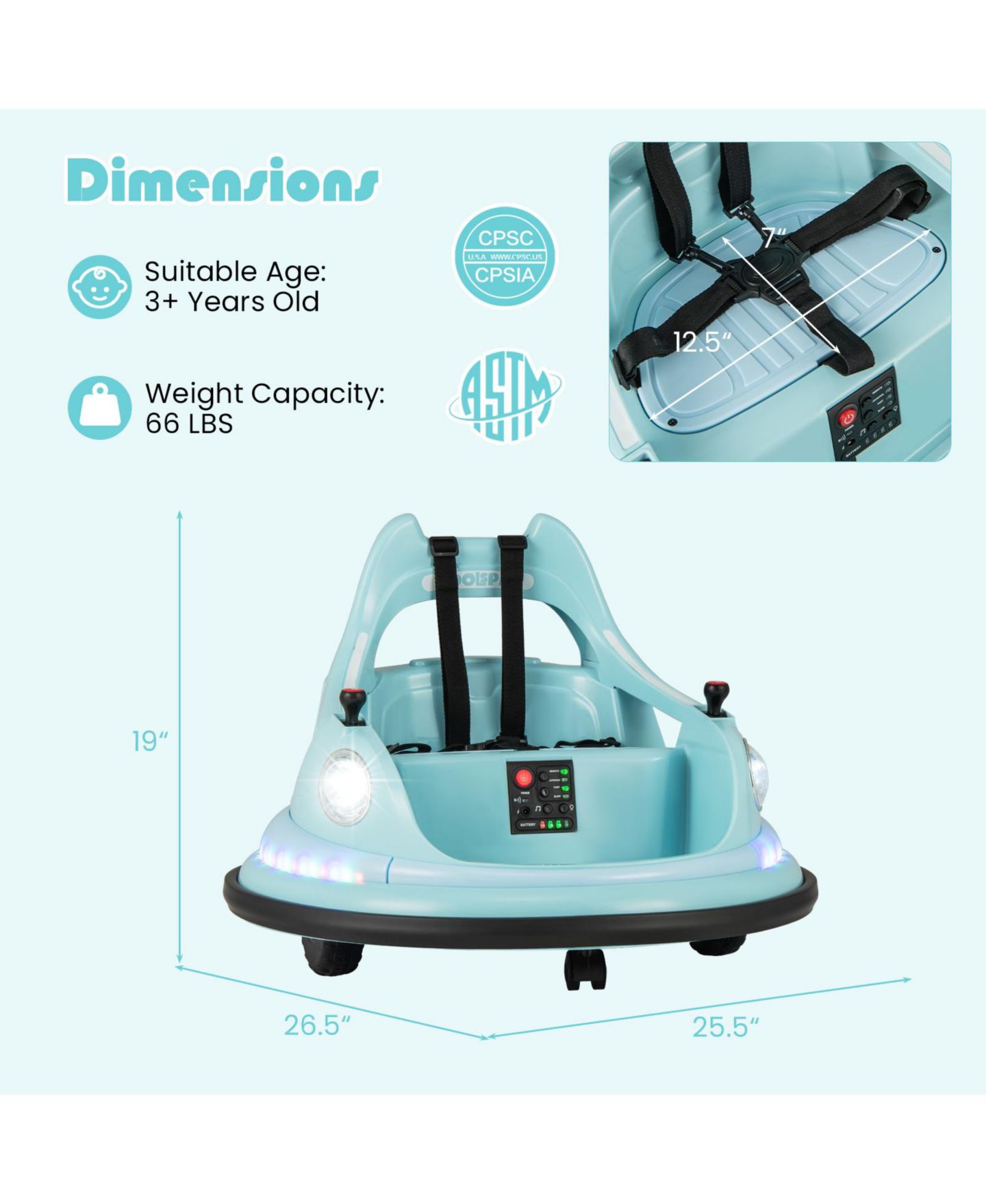 Детская игрушка Mecale 12V Spinning Bumper Car with Remote Control Ride-On, 26.5"L x 25.5"W x 19"H, 3–8 лет, цвет: Синий — фото 3