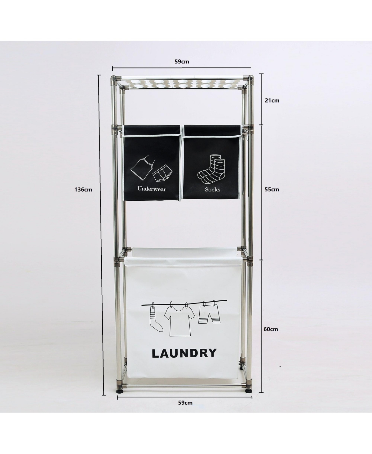 Rainsken 3 Tier Laundry Hamper Sorter Organizer, Vertical Laundry Basket with 4 Removable Bags and Hooks for Home Laundry Room, Bathroom