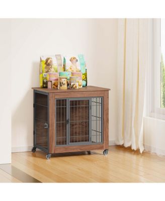 27.2" Dog Crate Furniture End Table with Wheels, 2-Door Heavy Duty Kennel for Small Dogs