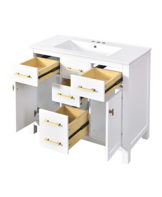 36" Modern Solid Wood Bathroom Vanity with Ceramic Sink, 4 Drawers & 2 Soft Close Doors Freestanding Cabinet