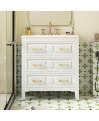 30" Bathroom Vanity with Ceramic Sink, Retro Solid Wood Cabinet & 3 Drawer Storage for Small Spaces