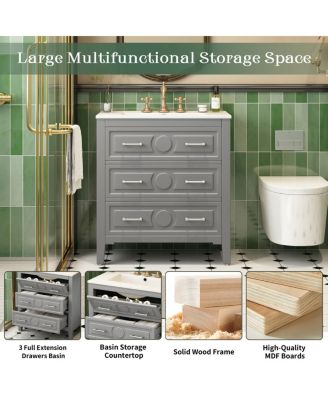 30" Bathroom Vanity with Ceramic Sink, Retro Solid Wood Cabinet & 3 Drawer Storage for Small Spaces