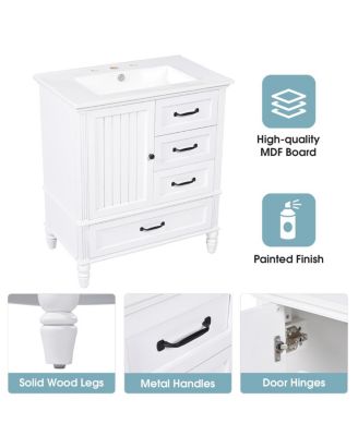 30" Modern Bathroom Vanity with Ceramic Sink, Freestanding Acacia Wood MDF Cabinet with 3 Drawers & Door