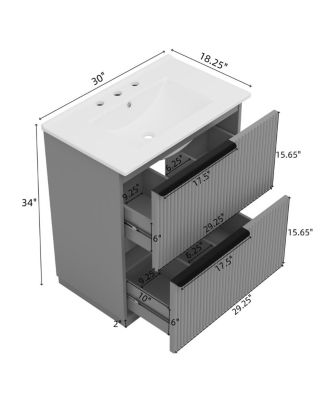 30" Modern Fluted Bathroom Vanity Cabinet with Ceramic Sink, Soft Close Drawers & Storage for Small Bathrooms