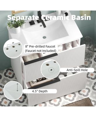 30" Modern Fluted Bathroom Vanity Cabinet with Ceramic Sink, Soft Close Drawers & Storage for Small Bathrooms