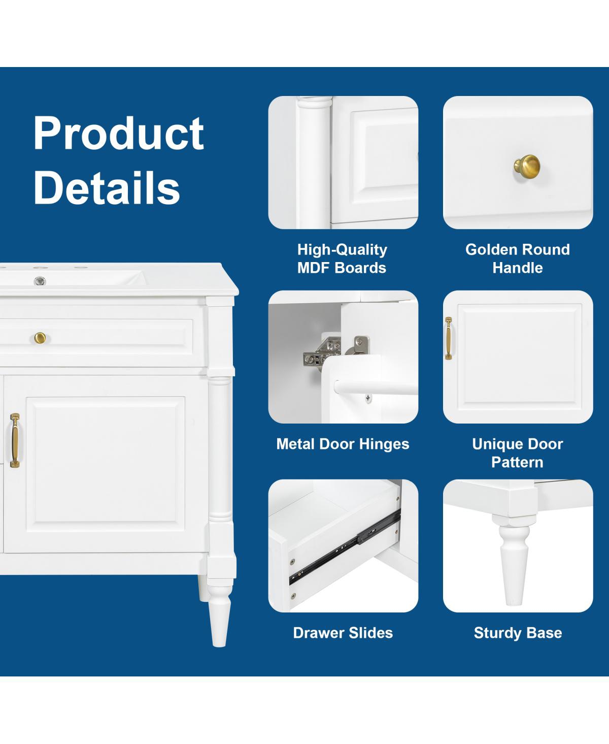 Sillysis 36" Bathroom Vanity with Sink, Solid Wood Cabinet Flip Drawer and Adjustable Shelf, Freestanding Modern Storage