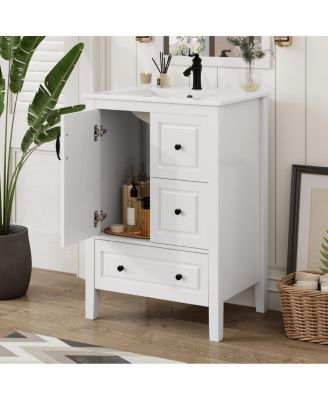 24" Light Green Bathroom Vanity with Ceramic Sink, Freestanding Retro MDF Cabinet, Soft-Close Drawers, Ample Storage for Small Spaces