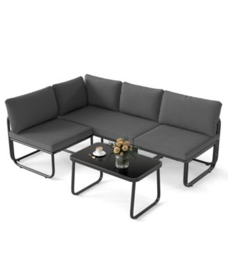 Set of 4 Patio Furniture Set w/Cushions & Tempered Glass Coffee Table for Garden