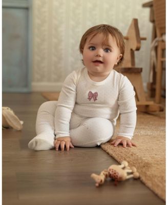 Baby Girls "Put A Bow On It" 100% Cotton Embroidered Polka-Dot Footie