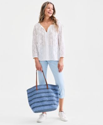 Women's Cotton Eyelet Split Neck Long-Sleeve Top