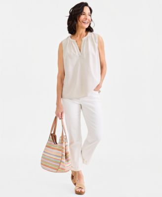 Women's Linen Blend Sleeveless Split-Neck Top