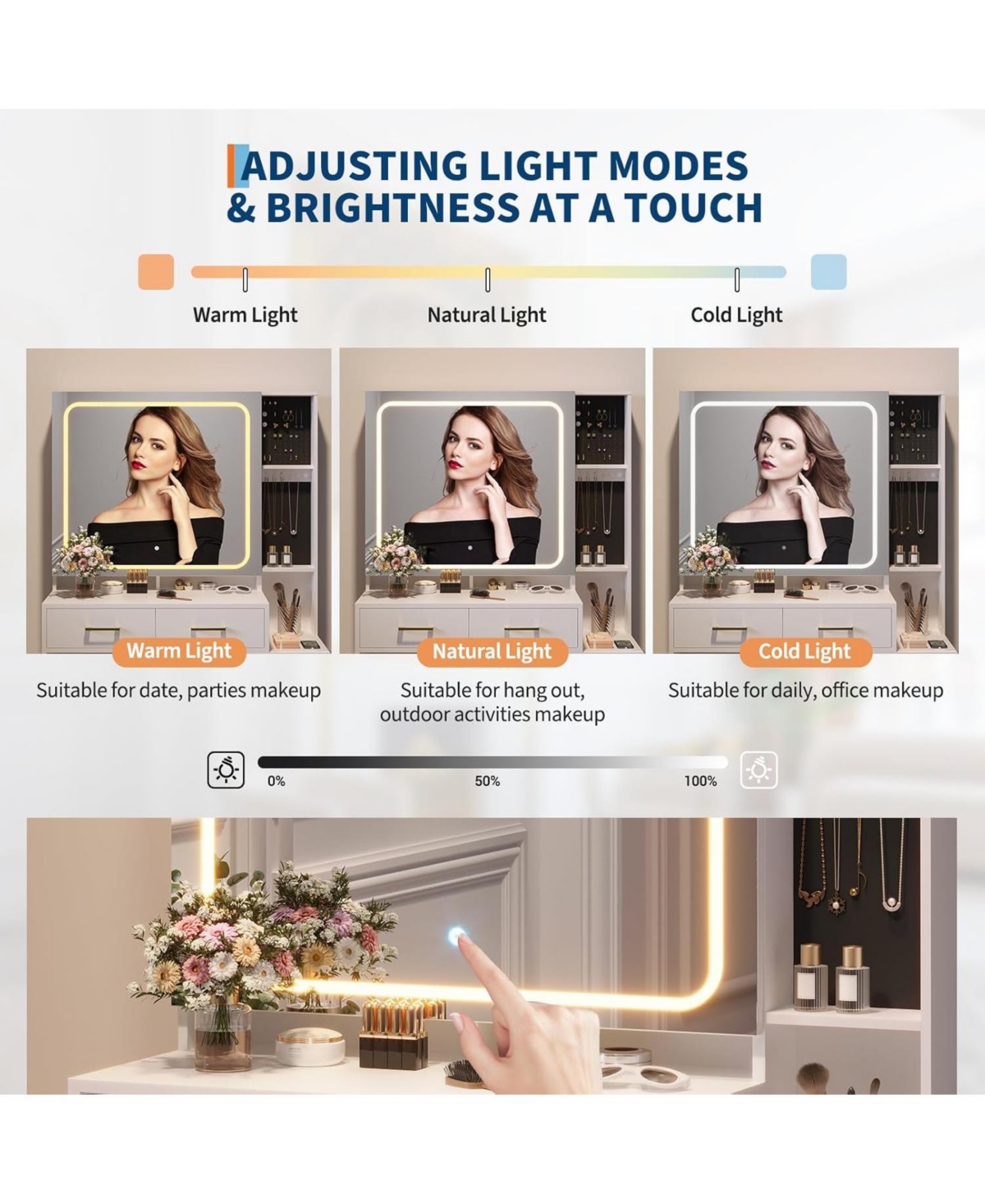 gaomon Vanity Desk with Mirror and Lights, Makeup Vanity Set with Drawers & Chair, 3 Light Mode and Brightness Adjusted & Power Outlet