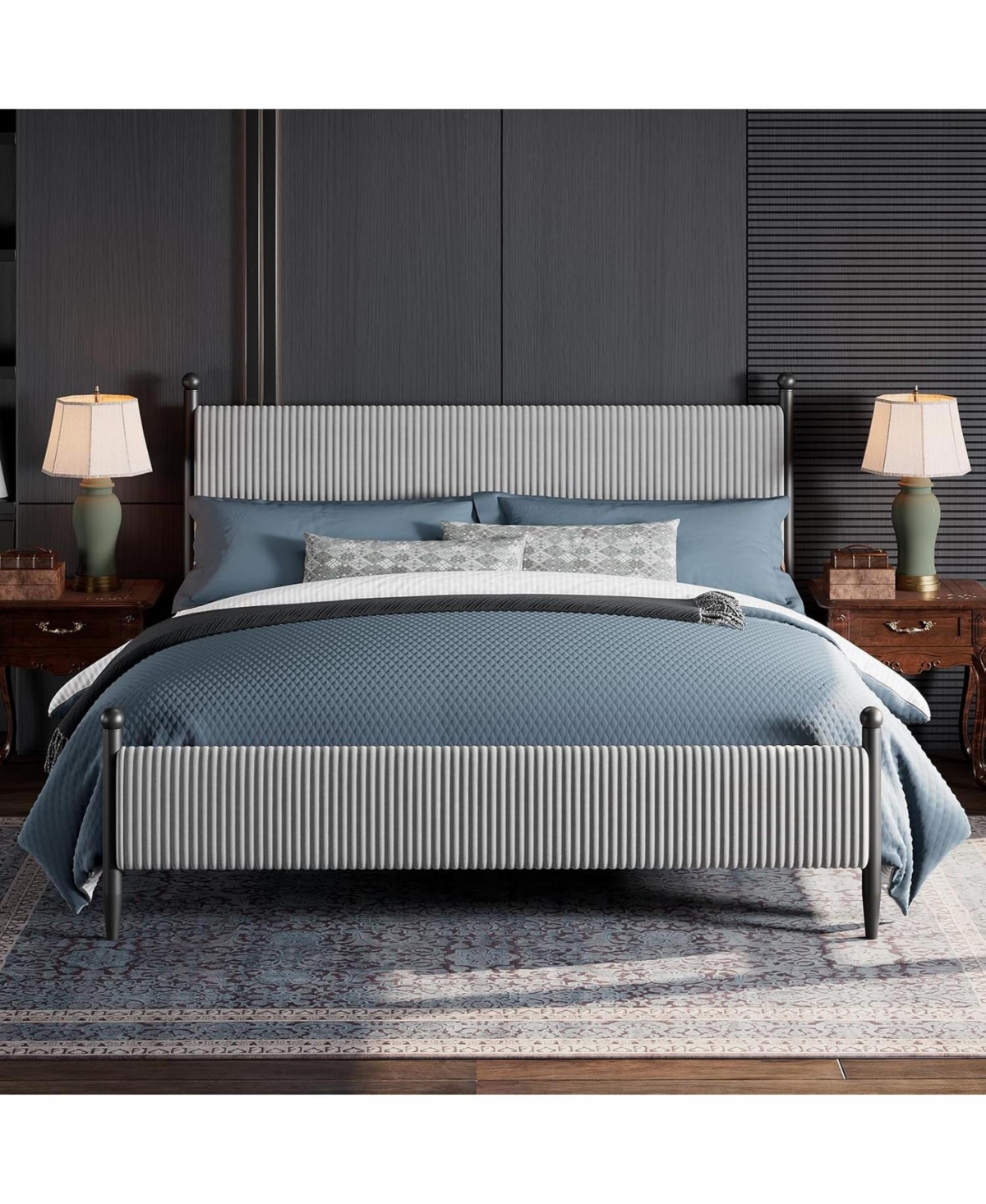 gaomon Size Bed Frame with Velvet Headboard, Upholstered Soft Corduroy Fabric Platform with Wooden Slats Support & Heavy Duty Feet