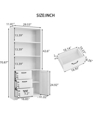 6-Tier Bookshelf with Door and 3 Drawers, 71" Tall Bookcase with 3-Tier Open Shelves