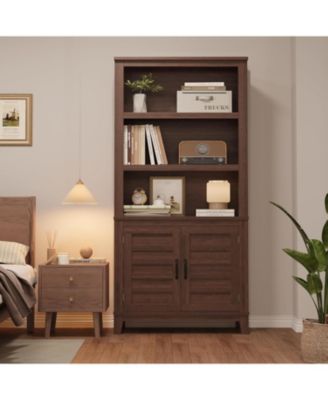 Farmhouse Bookcase with Doors, 5 tier vintage bookshelf with cabinet and adjustable shelf for rustic living room storage
