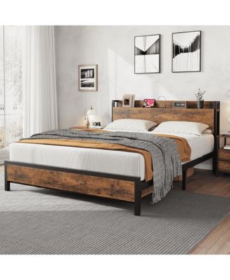 Size Bed Frame Charging Station with 2 USB Ports & 2 AC Outlets, Heavy Duty Metal Bed Frame with Wooden Headboard and Footboard