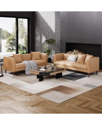 Modern 78" Faux Leather Sofa, Deep Seats, 3-Seater with Pillows & Wood Legs