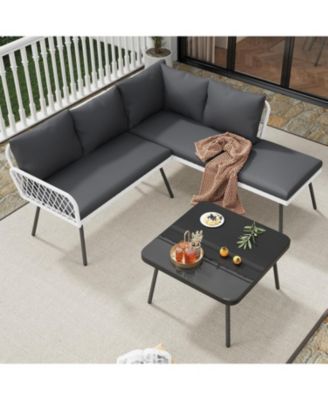 L-Shaped Wicker Outdoor Furniture Set, 4-Piece Patio Sectional Sofa with Handmade Rattan and Metal Frame