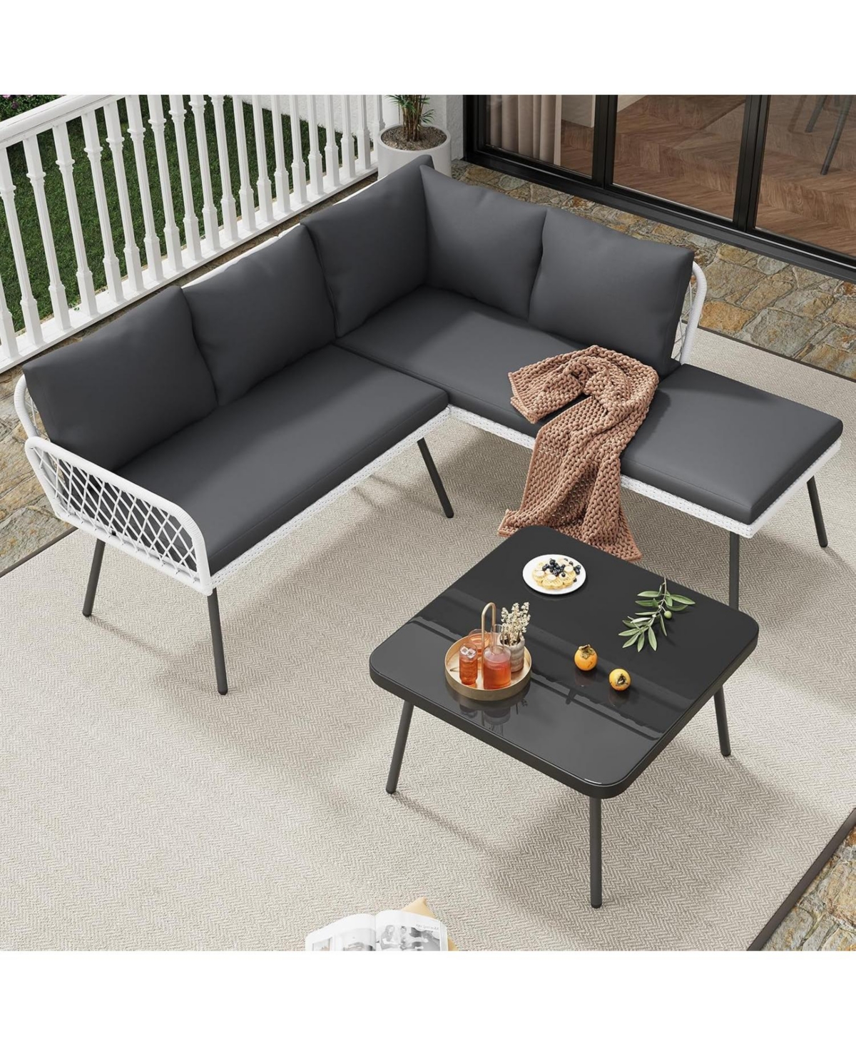 gaomon L-Shaped Wicker Outdoor Furniture Set, 4-Piece Patio Sectional Sofa with Handmade Rattan and Metal Frame