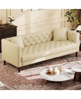 81" Leather Couch, Handmade Button Tufted 3 Seater Sofa, Chesterfield Sofa with Deep Seat and 2 Pillows, Leather Sofa for Living Room Apartment