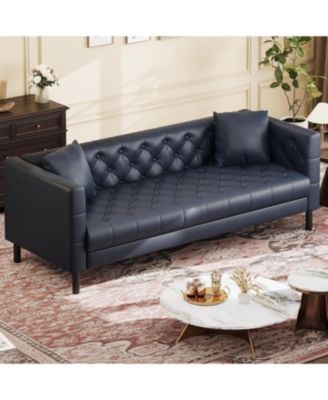 81" Leather Couch, Handmade Button Tufted 3 Seater Sofa, Chesterfield Sofa with Deep Seat and 2 Pillows, Leather Sofa for Living Room Apartment