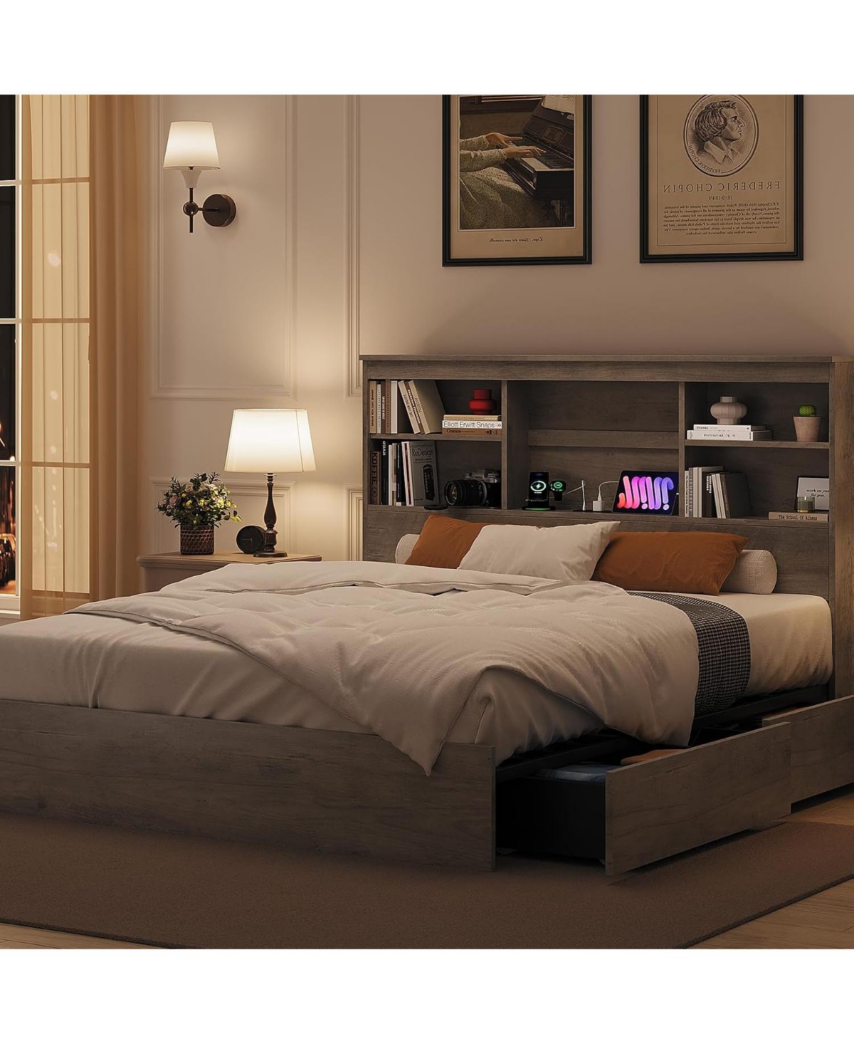 Gaomon King Size Bed Frame with High Storage Bookcase Headboard, Wood Bed Frame with 4 Storage Drawers, Built in Charging Station, No Box Spring