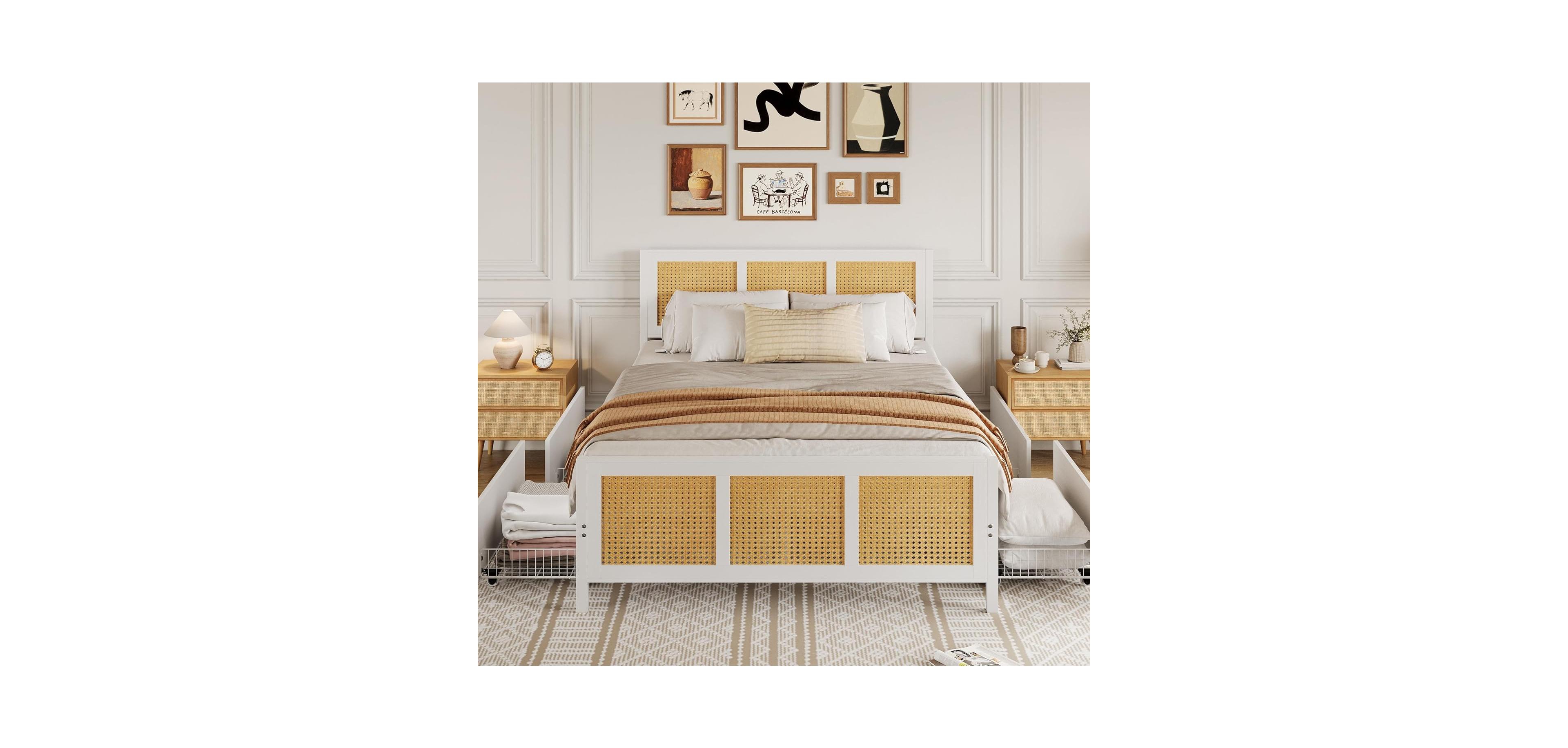 gaomon Bed Frame with Headboard, Boho Cane Platform King Size Bed Frame with 4 Drawers, Strong Metal Slats Support, No Box Spring Needed