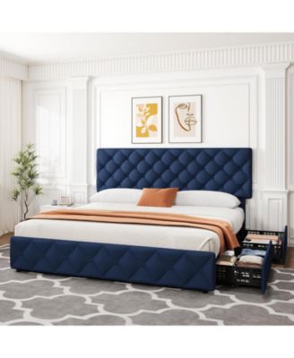 King Size Bed Frame with 4 Storage Drawers and Adjustable Headboard, Linen Upholstered Platform Beds