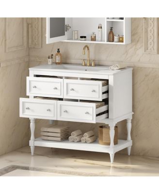 36" Modern Bathroom Vanity with Ceramic Sink, Freestanding Solid Wood Cabinet, 4 Drawers & Storage Shelf