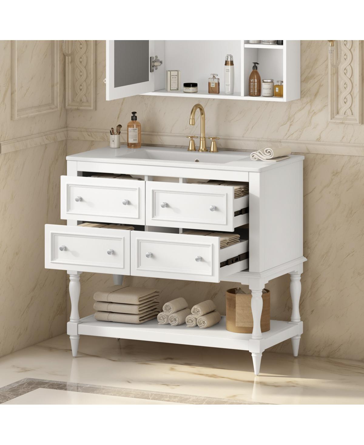 Sillysis 36" Modern Bathroom Vanity with Ceramic Sink, Freestanding Solid Wood Cabinet, 4 Drawers & Storage Shelf