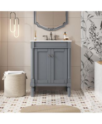 24" Bathroom Vanity with Ceramic Sink, Modern Solid Wood Cabinet & Ample Storage for Small Spaces