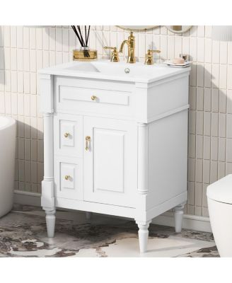 24" Bathroom Vanity with Sink, Solid Wood Cabinet with Flip Drawer and Adjustable Shelf, Freestanding Modern Storage for Small Spaces