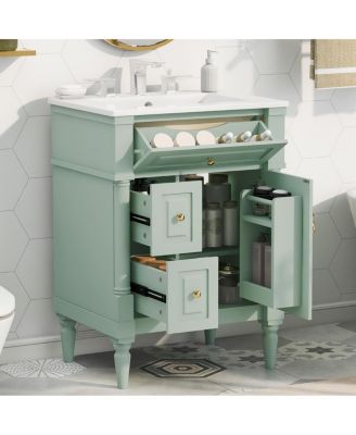 24" Bathroom Vanity with Sink, Solid Wood Cabinet with Flip Drawer and Adjustable Shelf, Freestanding Modern Storage for Small Spaces