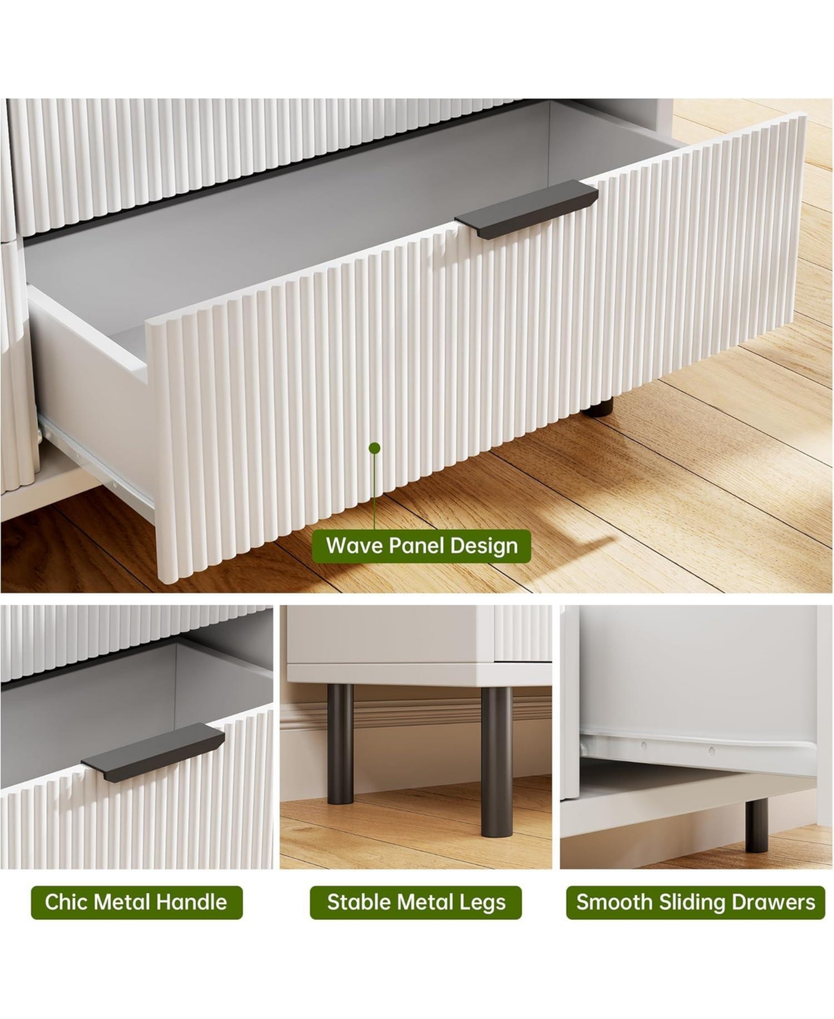 gaomon Fluted 3 Drawer Dresser with Metal Legs, Wooden Nightstand Storage for Bedroom, Entryway