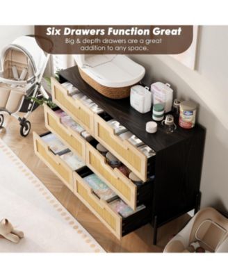 Rattan 6 Drawer Dresser with Metal Legs, Wooden Storage Chest for Living Room